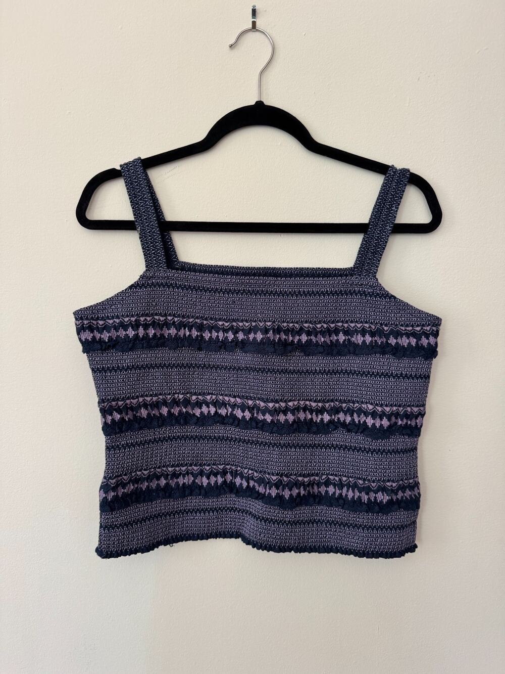 Anthropologie Smocked Crop Tank Top Size M Purple Navy Geometric Square Neck NWT